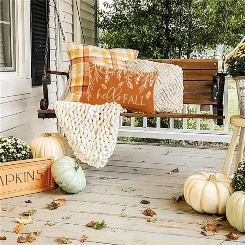 Fall Pumpkin Lumbar Pillow Cover 12x20 Hello Autumn Farmhouse Cushion for Sofa C